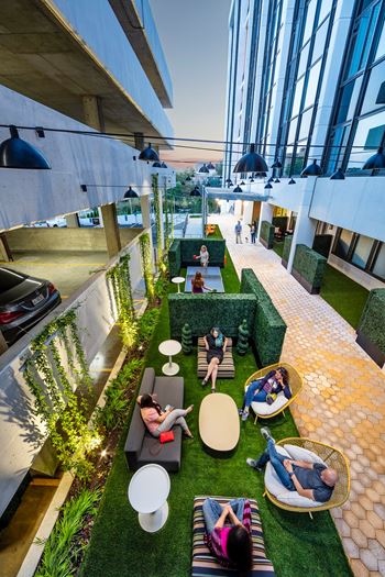 people sitting on couches and chairs in an outdoor area with grass and plants